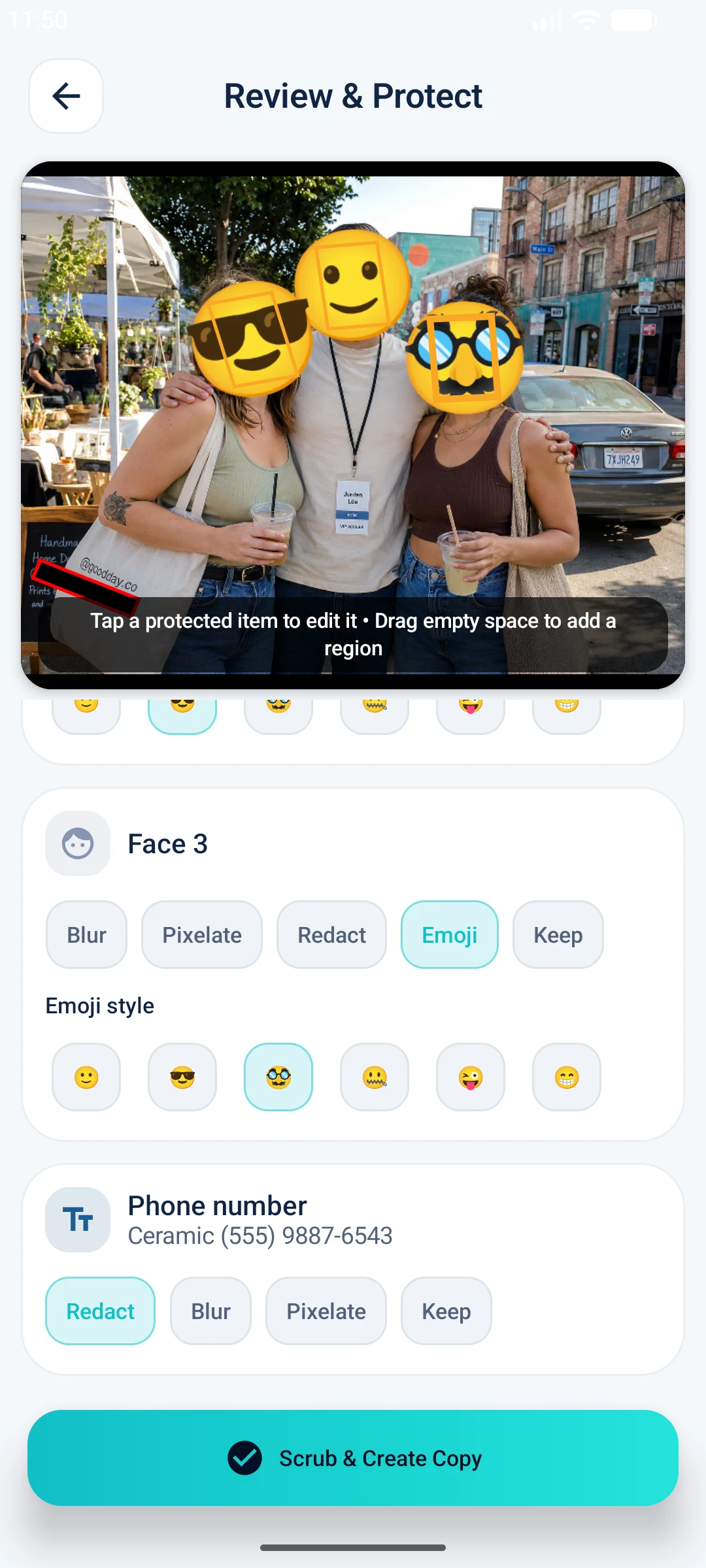Scrub Before Send for Android reviewing faces before sharing an image