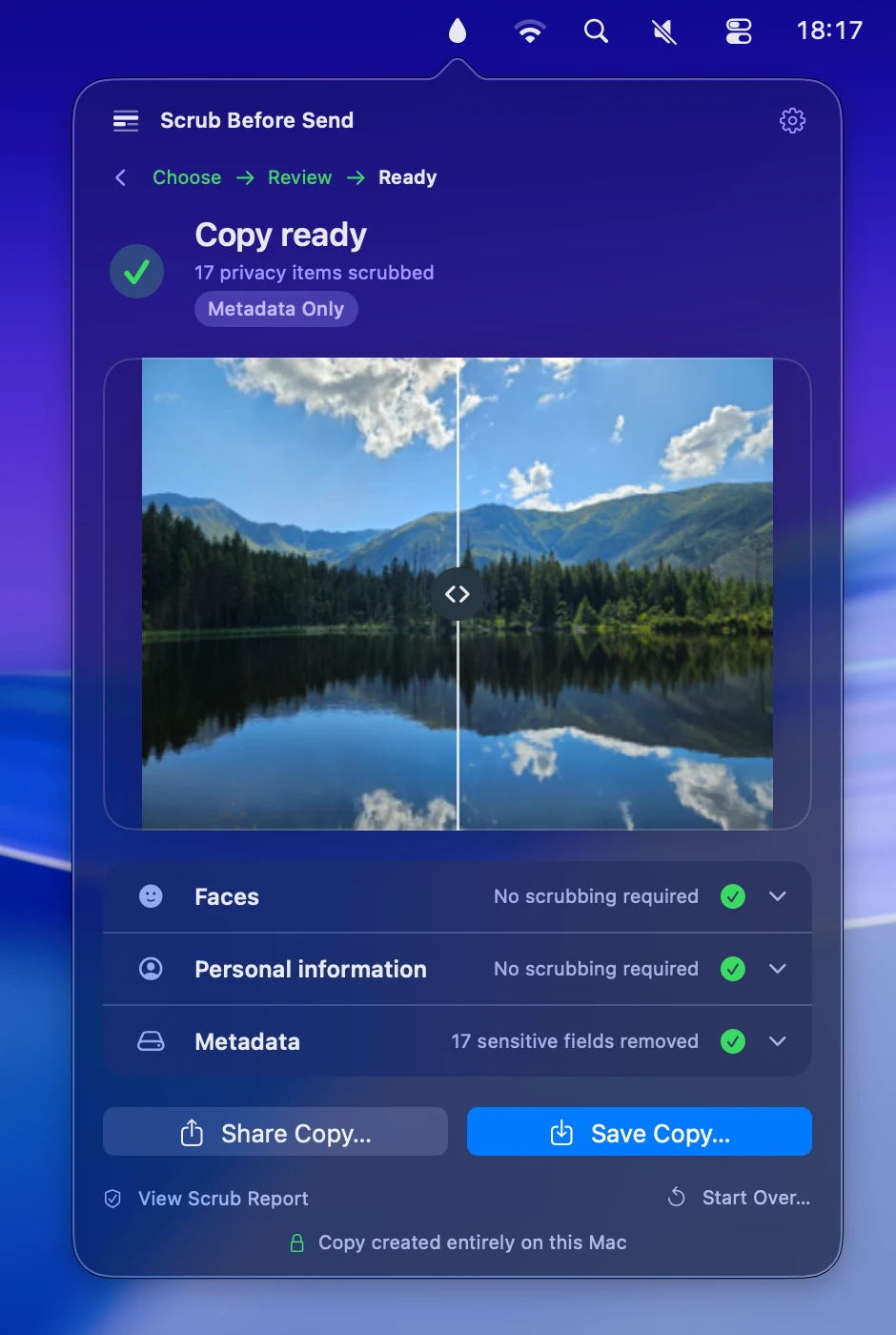 Scrub Before Send for Mac showing a clean image copy with metadata removed